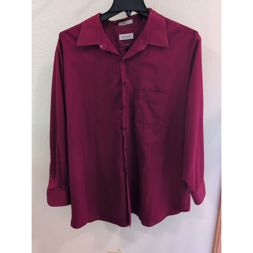 Van Heusen Mens Red Long Sleeve Wrinkle Free Big Fit Dress Shirt Size 19 34/35
